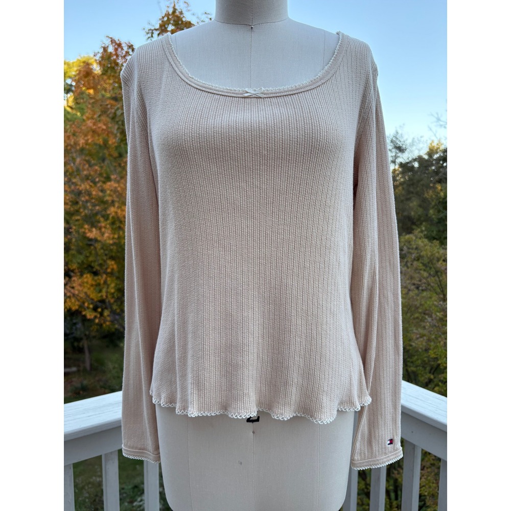 Vintage Y2K Tommy Hilfiger Top XL Cream Ribbed Lace Bow Coquette Balletcore